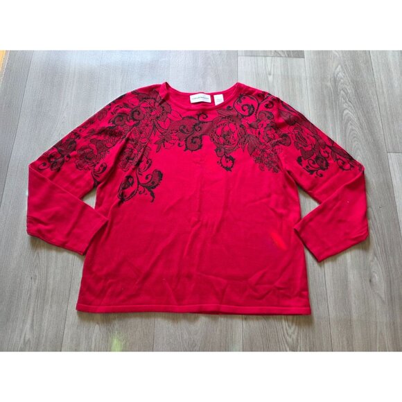 Alfred Dunner Red Floral Embellished Rhinestone Sweater Top M  Long Sleeve - Picture 3 of 7